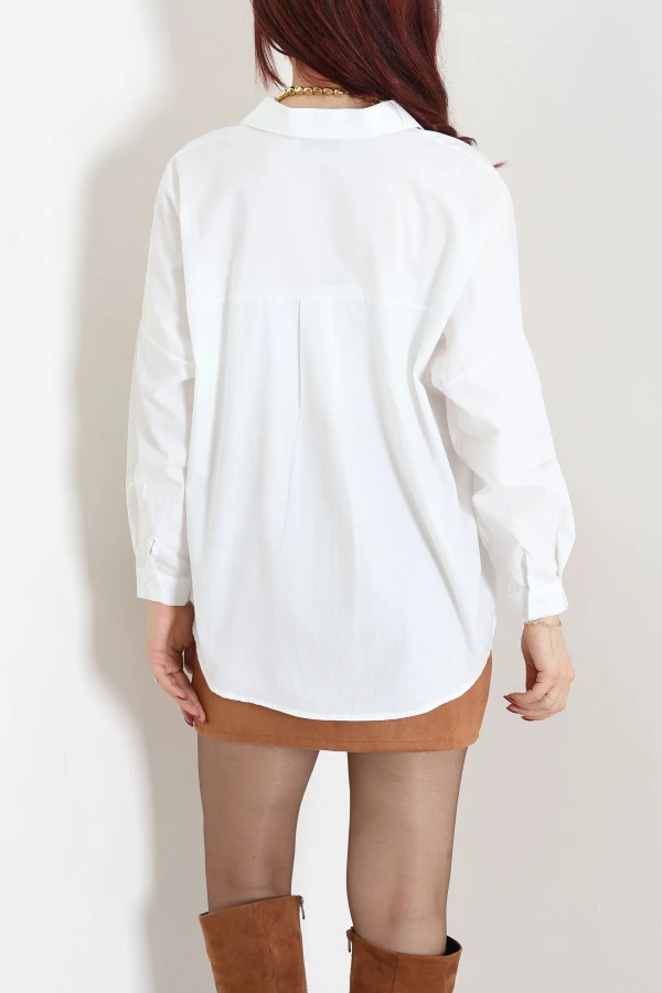 Oversize Poplin Gömlek Krem 7