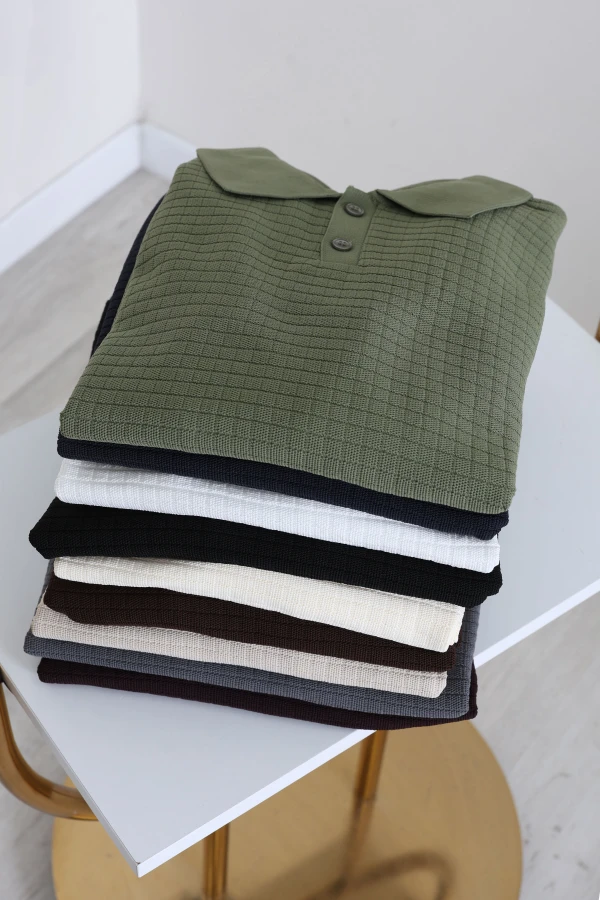 Düğmeli Polo Yaka Erkek Triko Sweat Krem 9