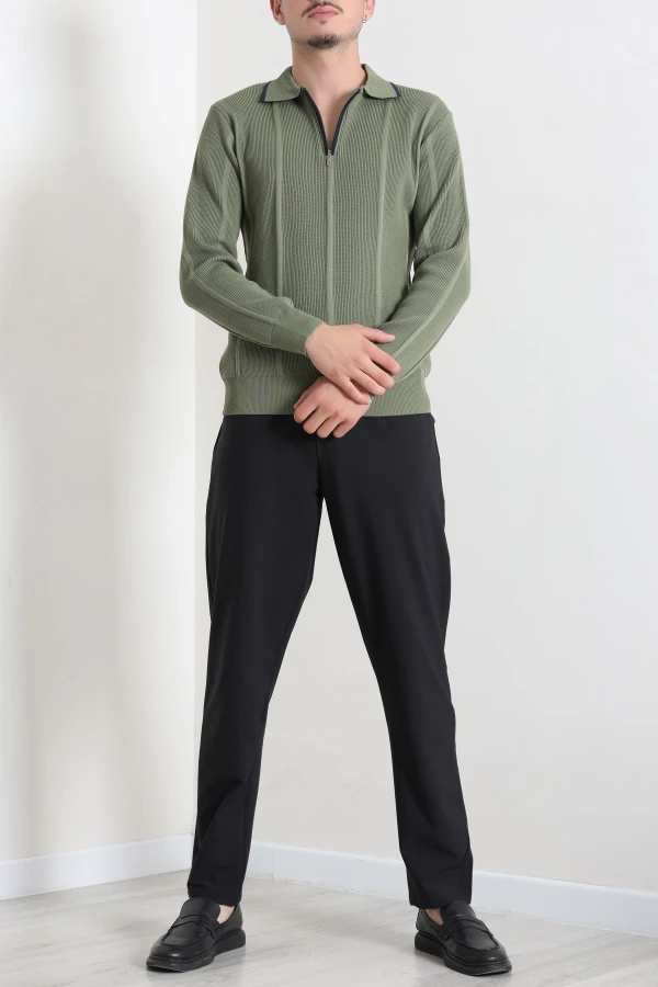 Çizgili Polo Yaka Erkek Triko Sweat Haki 3
