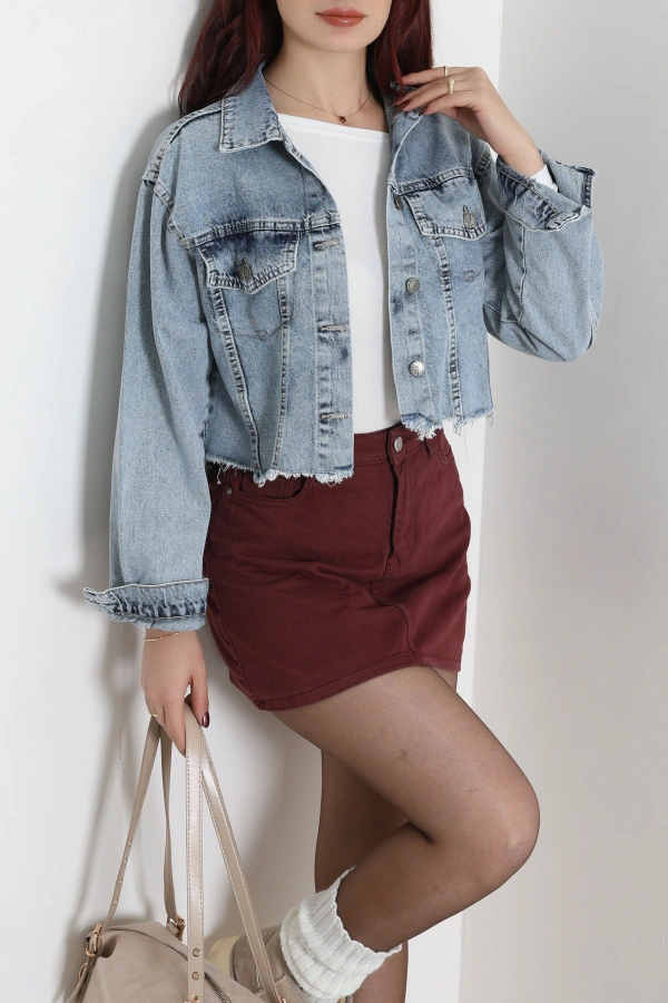 Kadın Mavi Crop Kot Ceket Karyıkama Detaylı Regular Fit 3