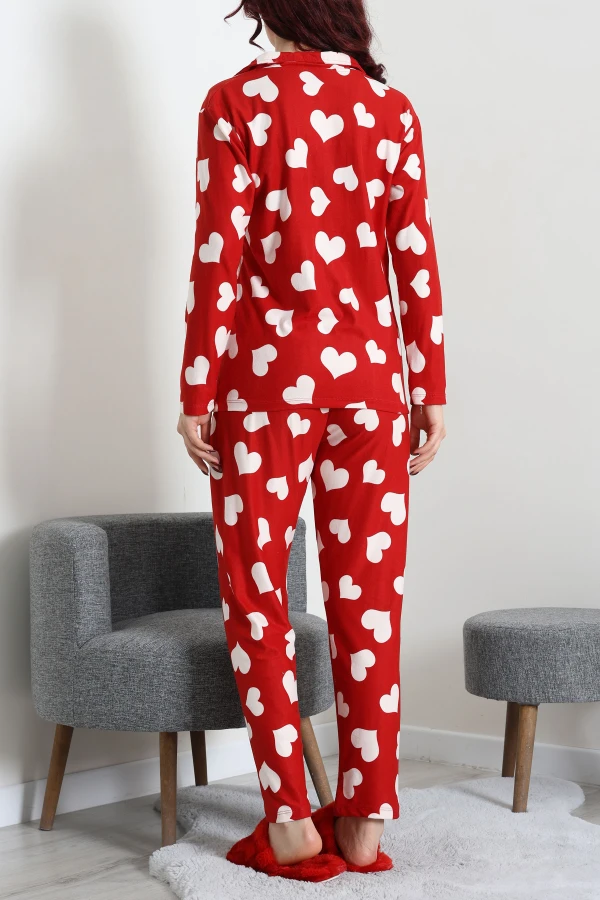 Kadın Bordo Süet Düğmeli Kalpli Pijama Takımı 7