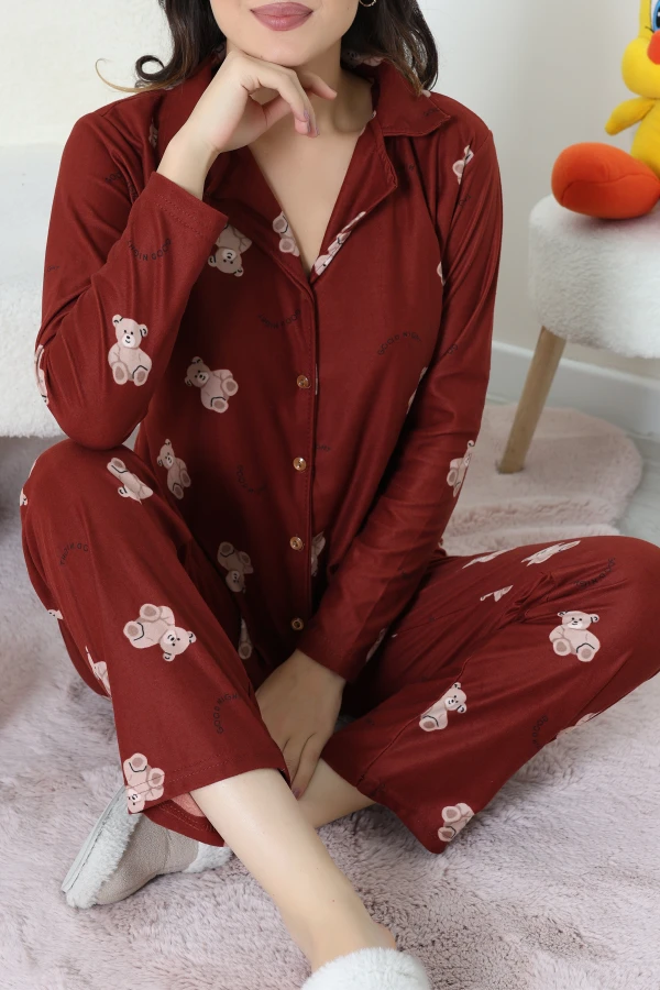 Süet Düğmeli Pijama Takımı Kiremit 4