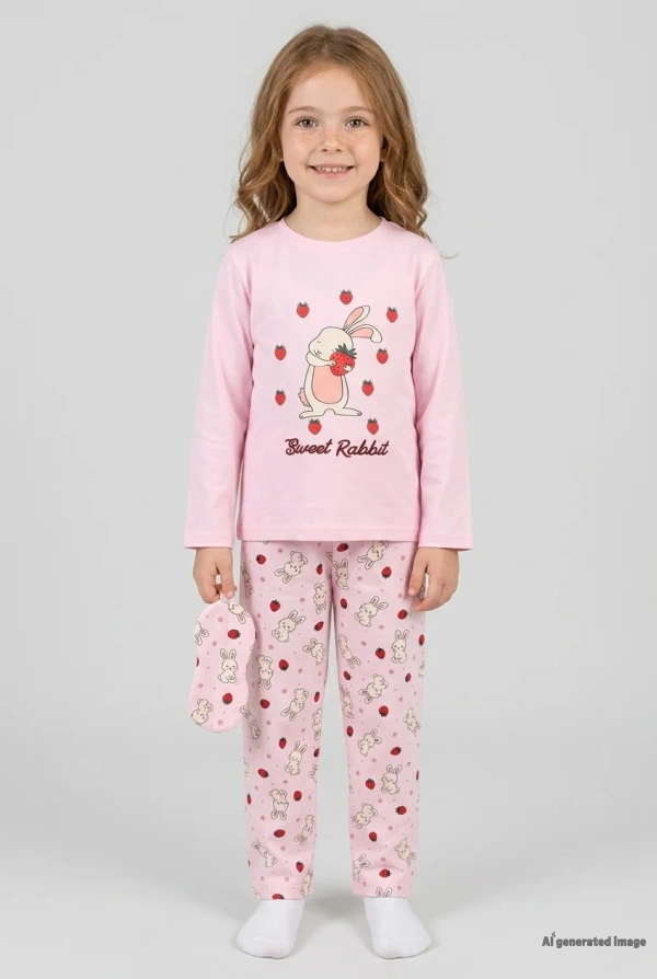 Çocuk Pembe 5-9 Yaş Pijama Takımı Pamuklu Rahat Kesim