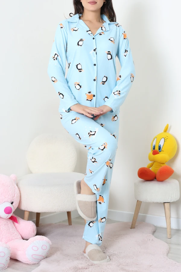 Süet Düğmeli Pijama Takımı Açıkmavi 7