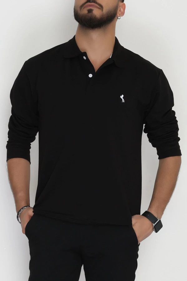 Erkek Siyah 2 İplik Likralı Polo Yaka Sweat