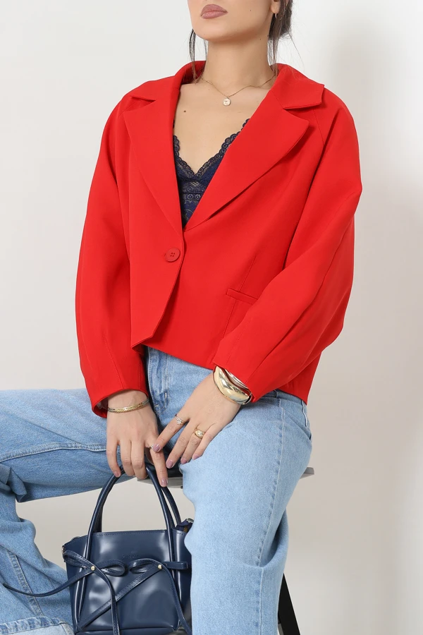 Tek Düğme Balon Kol Blazer Ceket Kırmızı