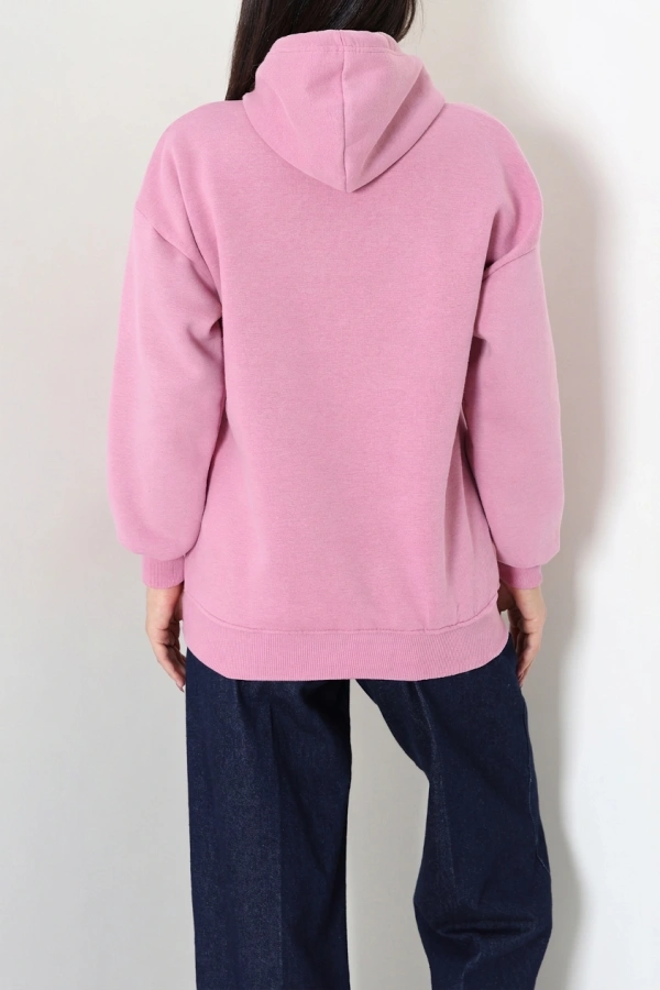 Kadın Pembe Üç İplik Kapüşonlu Nakışlı Sweat Tunik 8