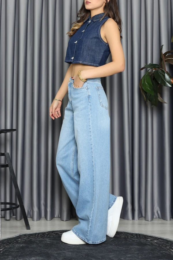 Kadın Mavi Wide Leg Yüksek Bel Kot Pantolon 6