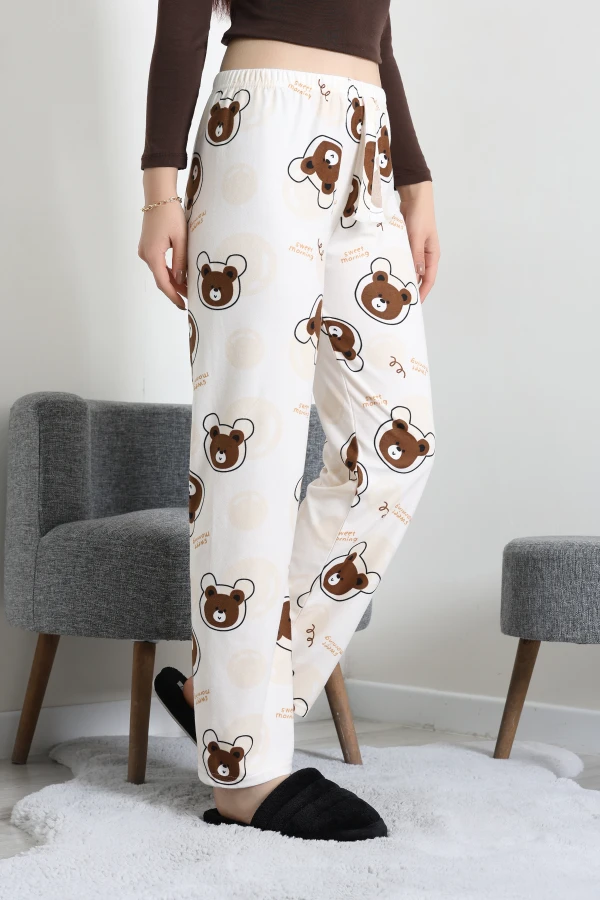 Kadın Kahverengi Desenli Süet Pijama Altı Rahat Kalıp