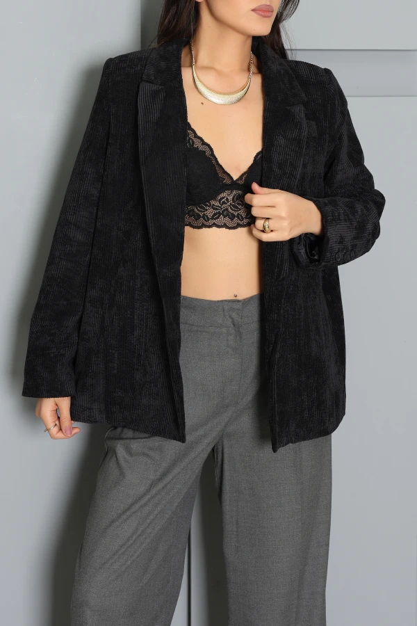 Oversize Astarlı Kadife Ceket Siyah