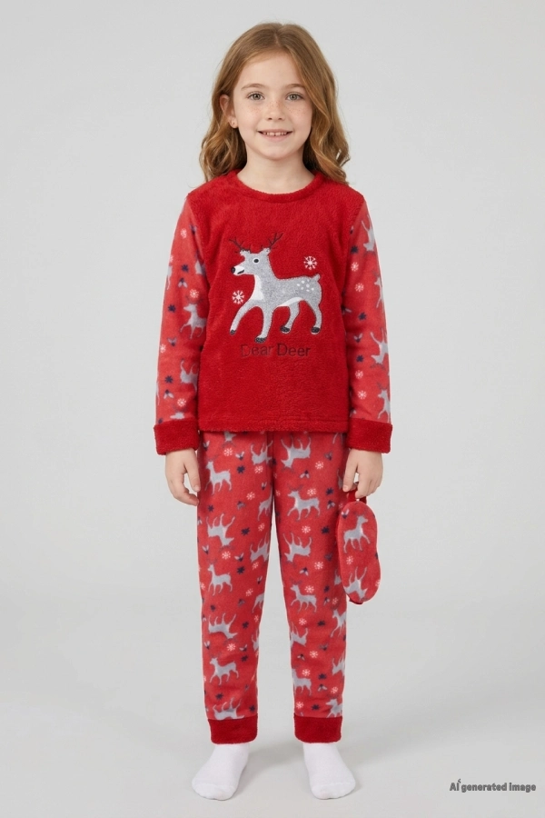 Çocuk Kırmızı Welsoft Kışlık Pijama Takımı Geyik Baskılı