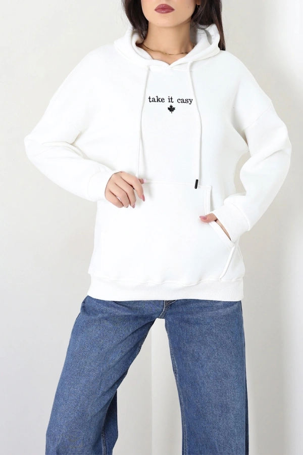 Kadın Ekru Üç İplik Kapüşonlu Nakışlı Sweat Tunik