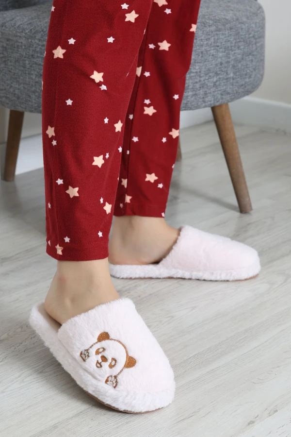Kadın Pudra Patili Kalp Desenli Peluş Ev Terliği 5