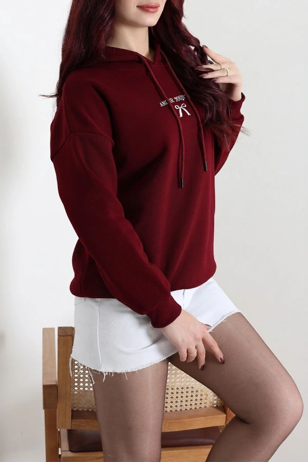 Kadın Bordo Üç İplik Kapüşonlu Nakışlı Sweatshirt 2