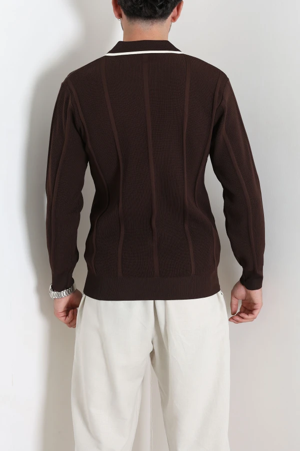 Çizgili Polo Yaka Erkek Triko Sweat Kahve 7