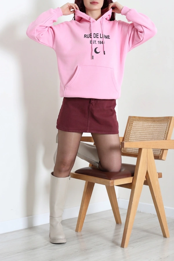 Kapşonlu Baskılı Sweat Pembe 4