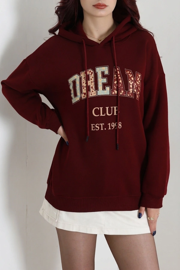 Kadın Bordo Üç İplik Baskılı Kapüşonlu Sweat 3