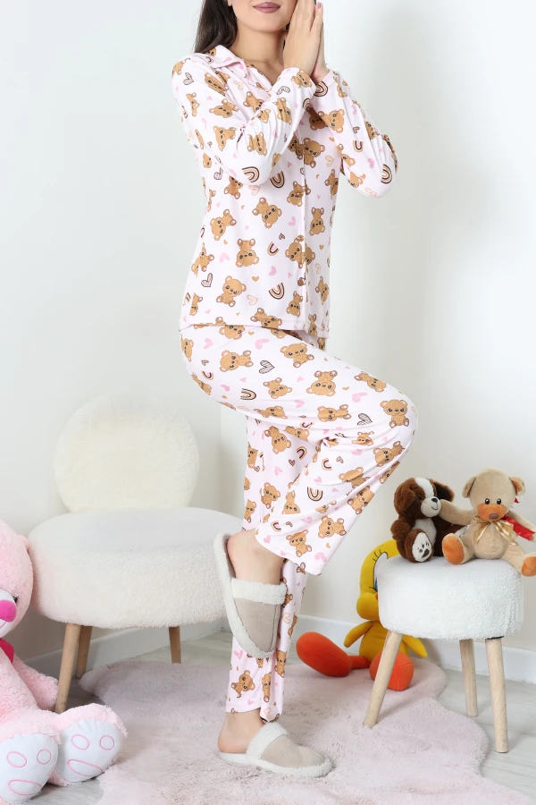 Süet Düğmeli Pijama Takımı Pembekahve 7