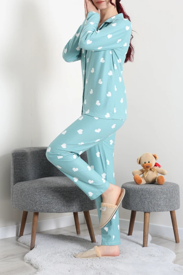 Kadın Mint Yeşili Süet Düğmeli Pijama Takımı 5