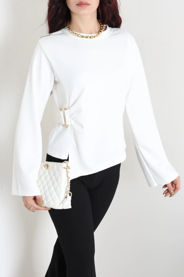 Asimetrik Kimono Kol Modal Bluz Ekru 5