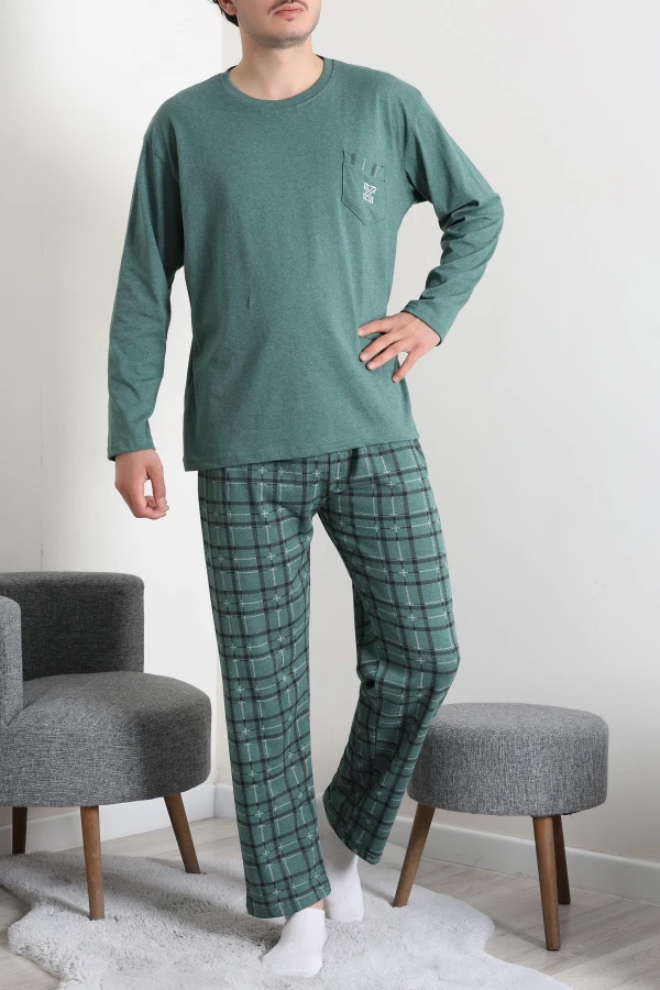 Erkek Yeşil Ekose Süprem Uzun Kol Cepli Bisiklet Yaka Pijama Takımı 2