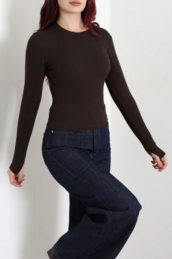 Kadın Acıkahve Bisiklet Yaka Ribana Parmak Geçmeli Body 3