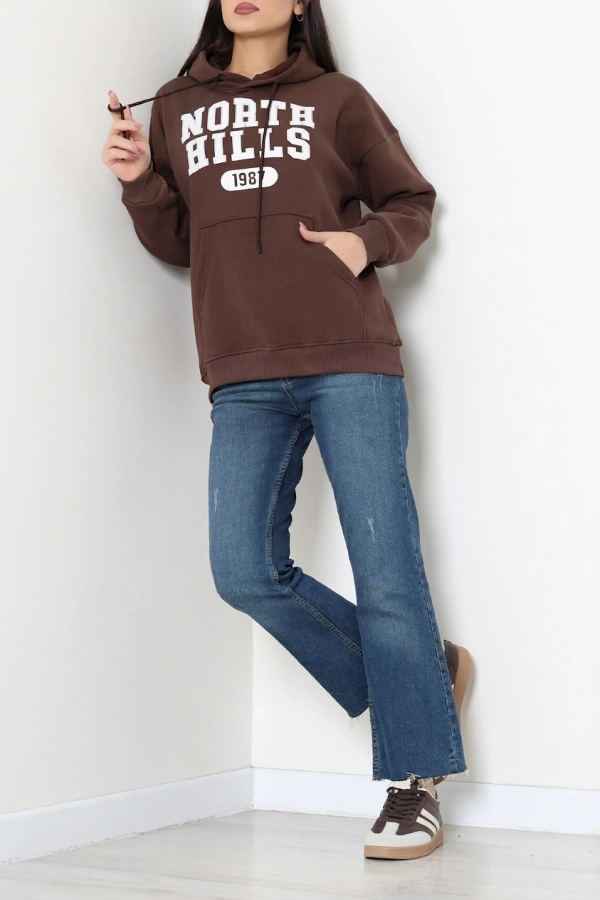 Kadın Kahve Kapüşonlu Baskılı Sweat Tunik 2