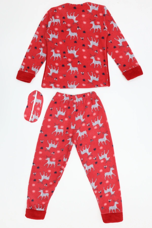Çocuk Kırmızı Welsoft Kışlık Pijama Takımı Geyik Baskılı 7