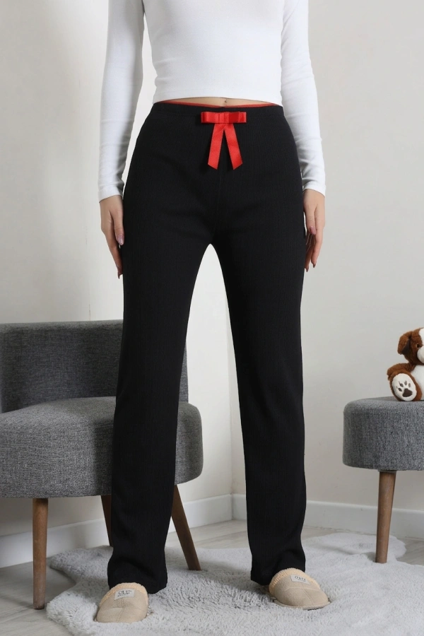 Kadın Siyah Ribana Pamuklu Rahat Kalıp Pijama Altı