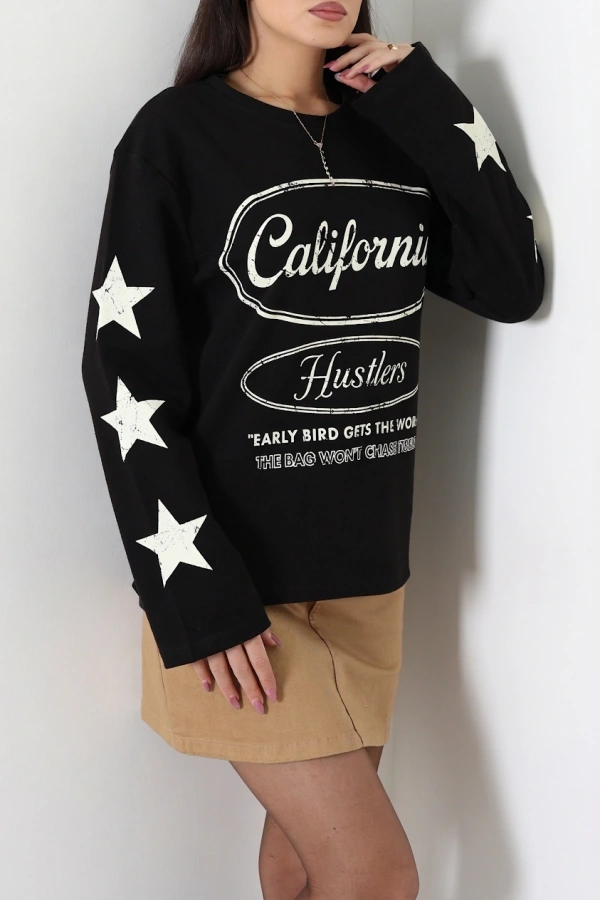 Kadın Siyah 2 İplik Baskılı Bisiklet Yaka Sweatshirt 5