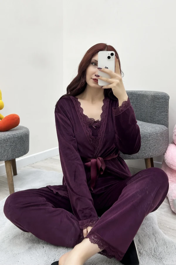 Fransız Kadife 3'Lü Pijama Seti Mor 6