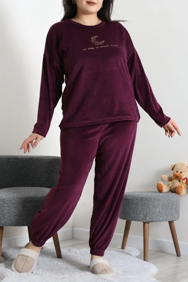 Fransız Kadife Büyük Beden Pijama Takımı Mor 2