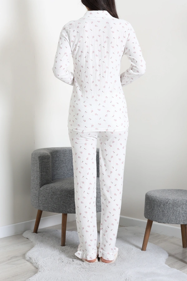 Kadın Beyazpembe Bürümcük Düğmeli Rahat Pijama Takımı 8