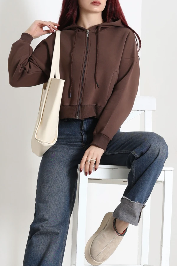 Kadın Kahve Oversize 3 İplik Kompakt Fleto Cepli Sweat Tunik