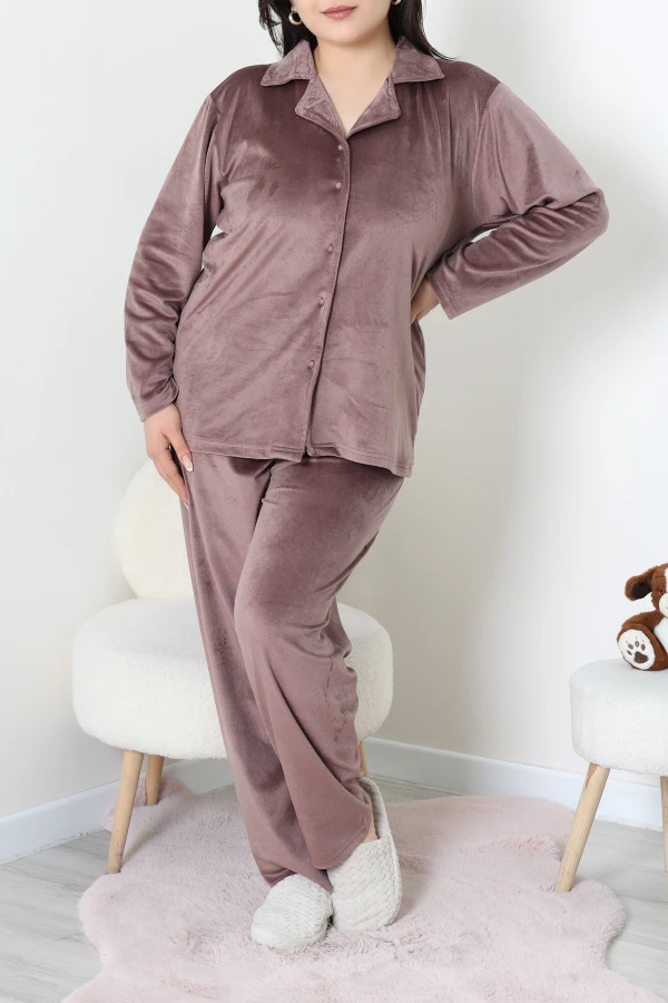 Fransız Kadife Büyük Beden Düğmeli Pijama Takımı Kahve