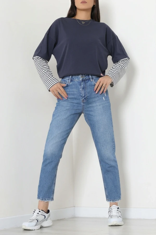 Kadın Mavi Mom Fit Yüksek Bel Pamuklu Kot Pantolon 5