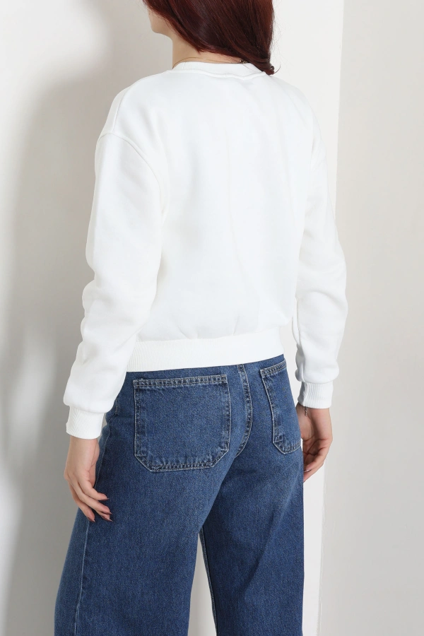 Kadın Ekru 3 İplik Bisiklet Yaka Şardonlu Sweatshirt 8