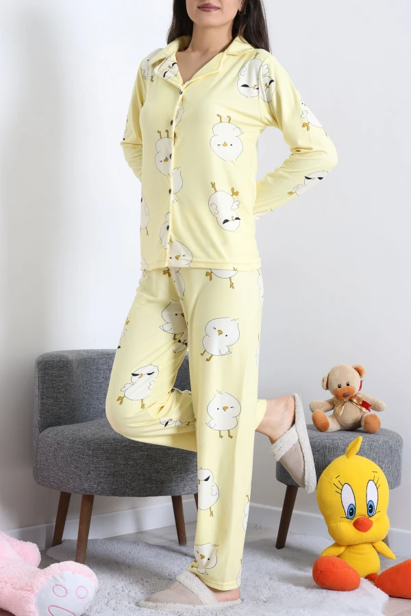 Süet Düğmeli Pijama Takımı Sarı 6