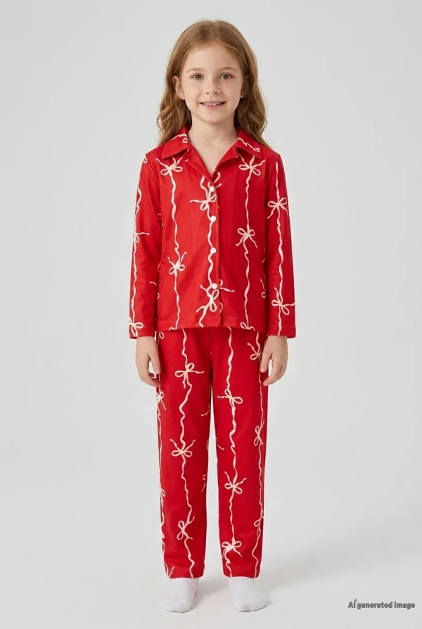 5-12 Yaş Baskılı Süet Düğmeli Çocuk Pijama Takımı Kırmızıpembe