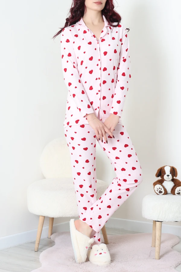 Kadın Pembe Kalpli Süet Düğmeli Pijama Takımı 4