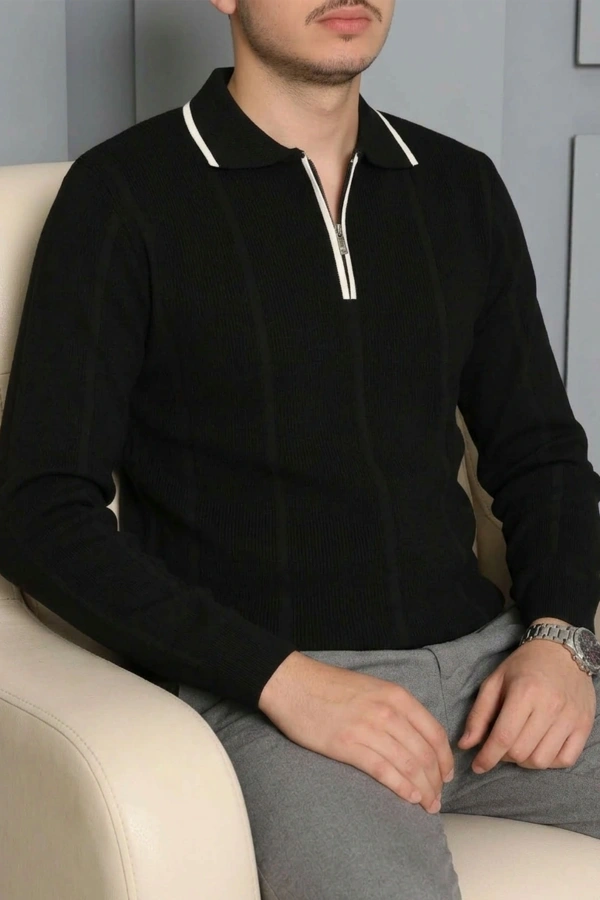 Çizgili Polo Yaka Erkek Triko Sweat Siyah