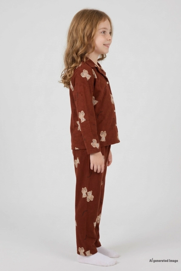 5-12 Yaş Baskılı Süet Düğmeli Çocuk Pijama Takımı Kiremit 2