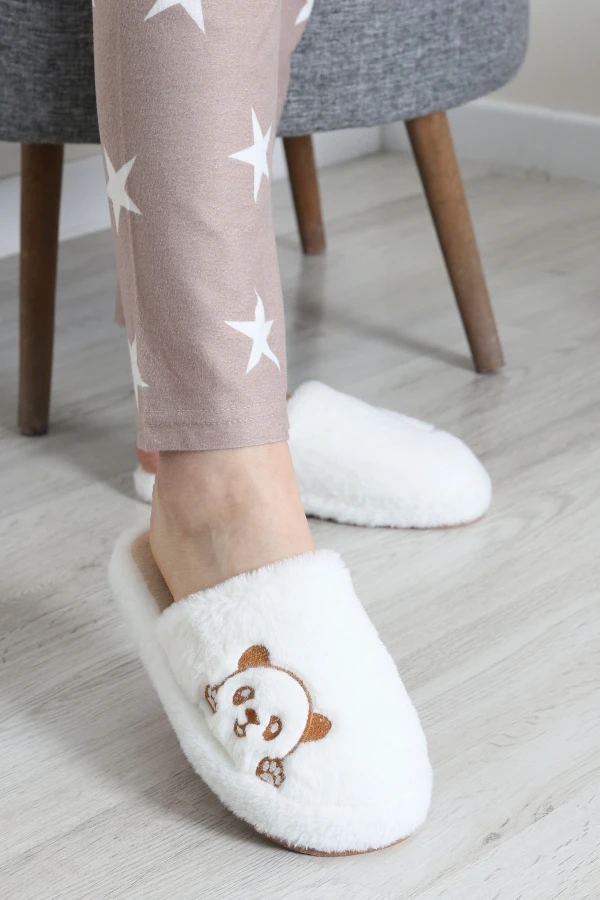 Kadın Ekru Ayı Figürlü Peluş Ev Terliği Panduf 3