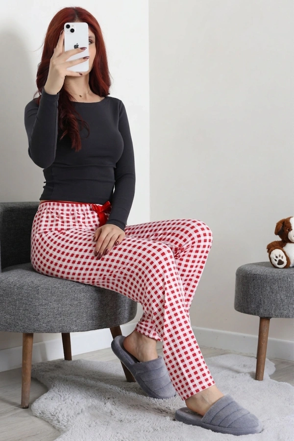 Kadın Pembe Havlu Kemerli Pijama Altı Rahat Kesim Pamuklu 5