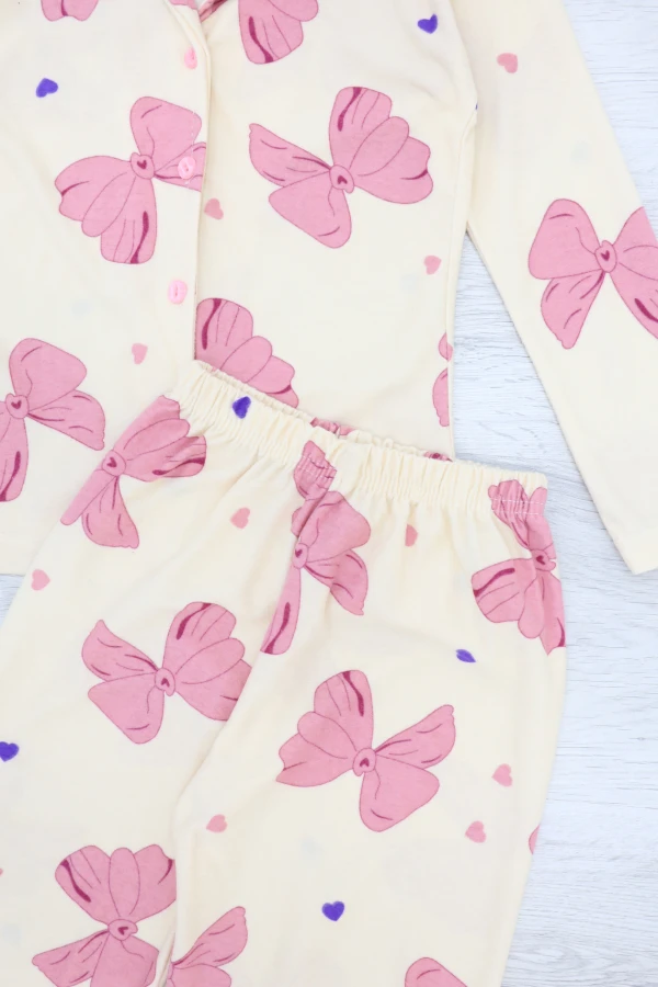 Çocuk Bej Baskılı Süet Düğmeli 5-12 Yaş Pijama Takımı 6