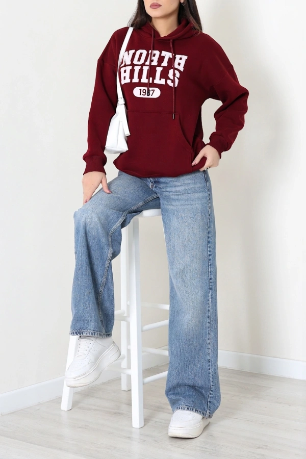 Kadın Bordo Kapüşonlu Baskılı Oversize Sweat Tunik 2