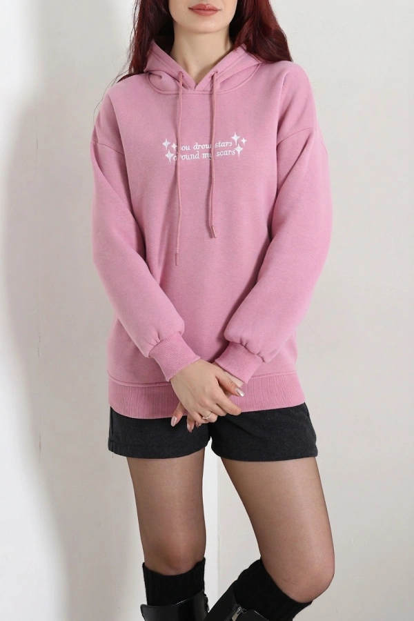 Üç İplik Kapşonlu Baskılı Sweat Pembe