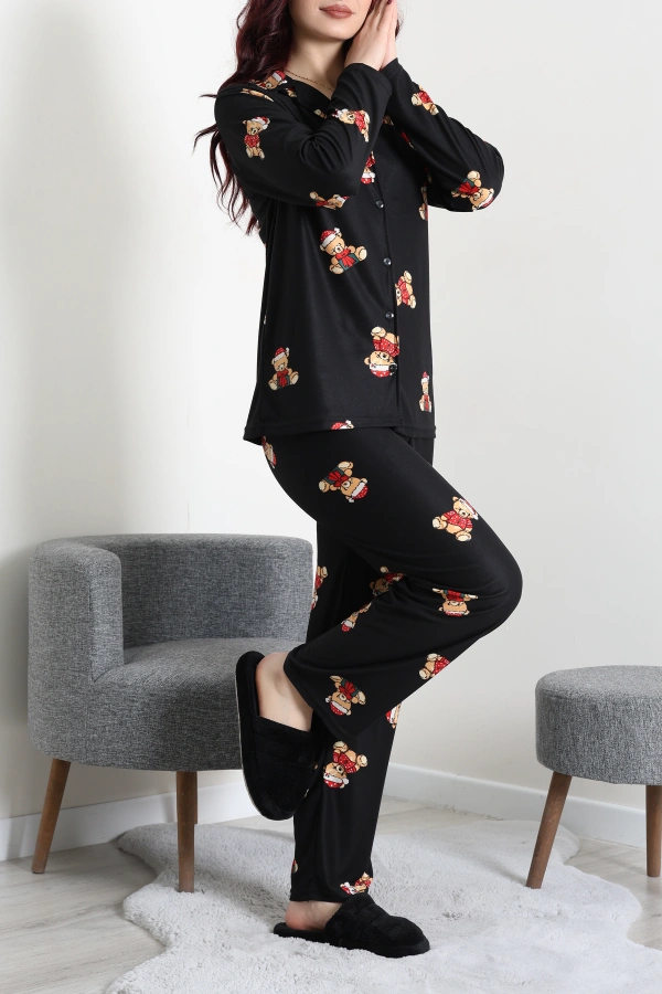 Kadın Siyah Kırmızı Süet Düğmeli Pijama Takımı 3