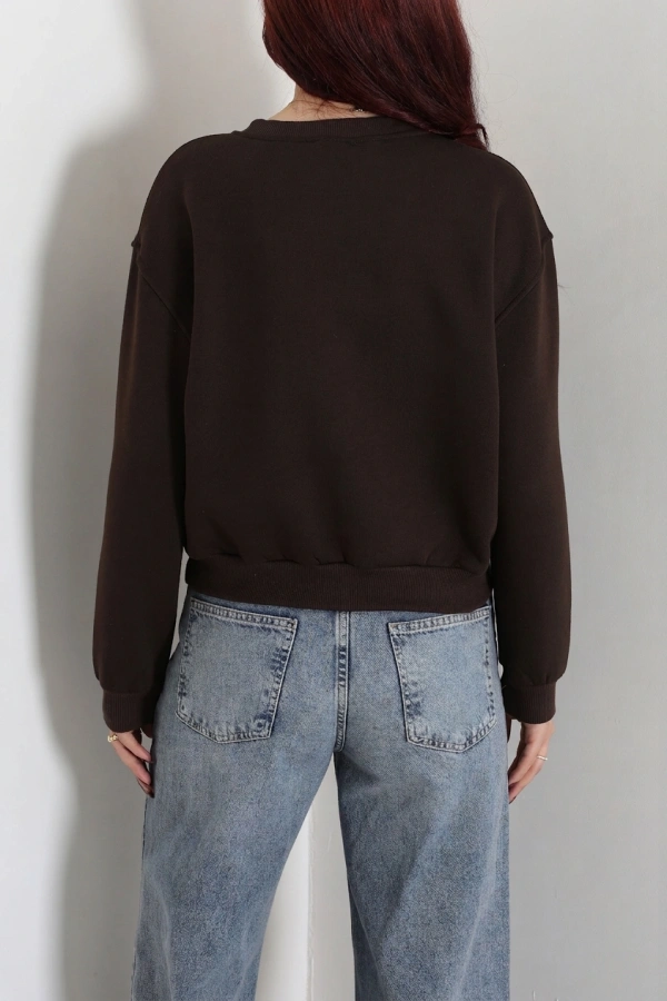 Kadın Kahve 3 İplik Bisiklet Yaka Şardonlu Sweatshirt 8
