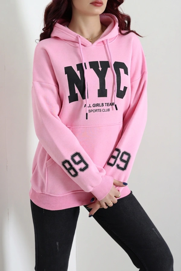 Kadın Pembe Kapüşonlu Baskılı Oversize Sweat Tunik 3